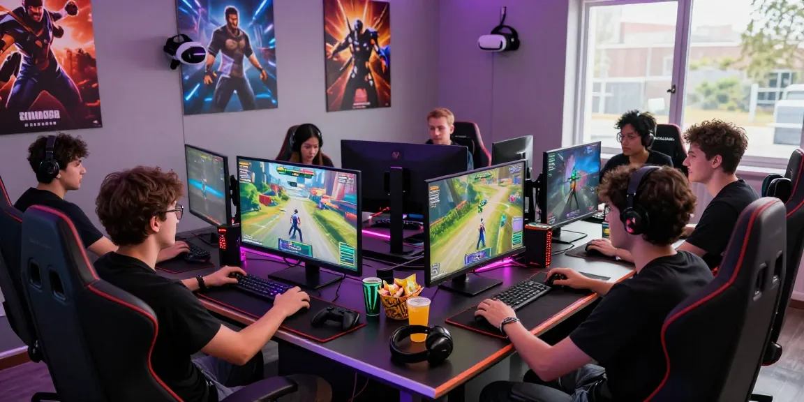 Gamers enjoying a multiplayer session on 7meter platform with vibrant ambiance
