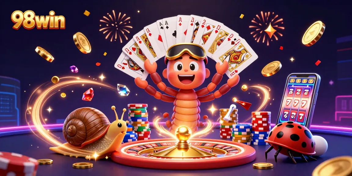 Experience thrilling casino moments with 98win in a vibrant 3D illustration featuring lively characters and game elements.