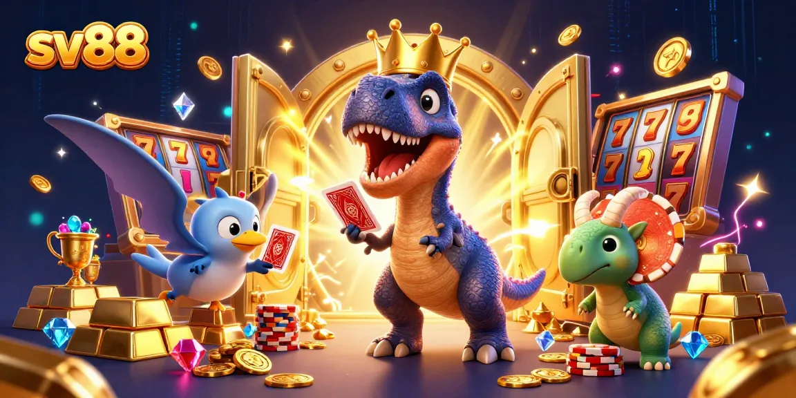 sv88 offers an exciting scene with a T-Rex shuffling cards amidst gold treasures