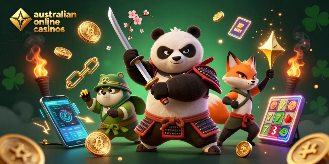 Engage with australian online casinos featuring a samurai panda and a ninja fox amid dynamic gambling elements.