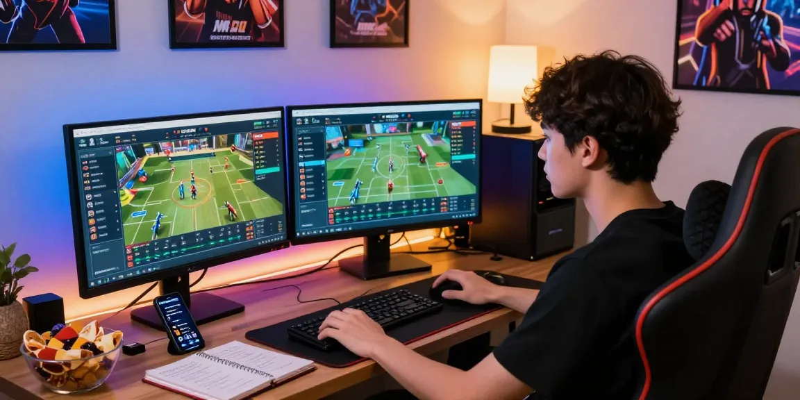 Engaged user analyzing various 토토사이트 on dual monitors in a cozy gaming setup.