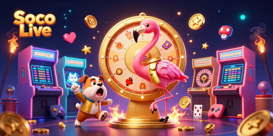 Soco Live captivates gamblers as a flamingo game host spins a giant prize wheel, highlighting exciting betting activities.