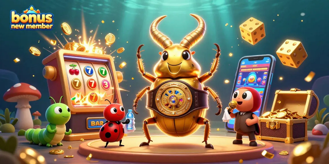 Engage with exciting bonus new member promotions in a vibrant casino scene featuring a giant stag beetle.