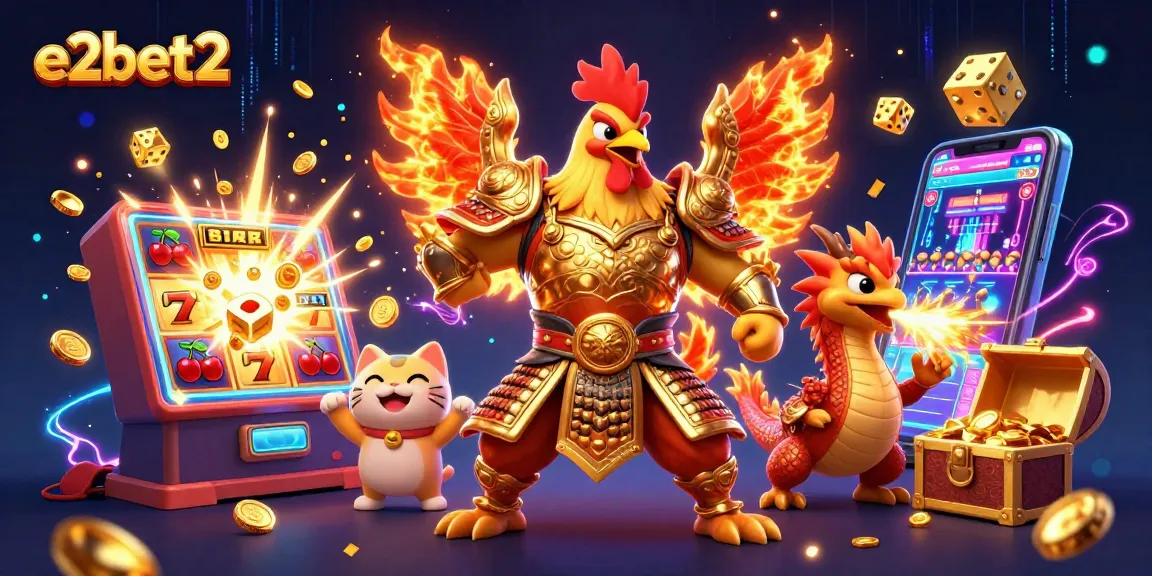 Experience the excitement of e2bet2 with a dynamic illustration featuring a fighting rooster, dragon, and golden casino elements.