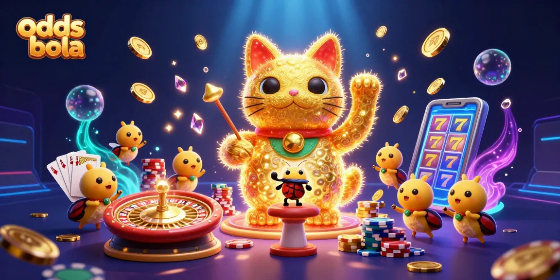 Place bets on odds bola with a vibrant 3D casino scene featuring lucky cat and dynamic elements.