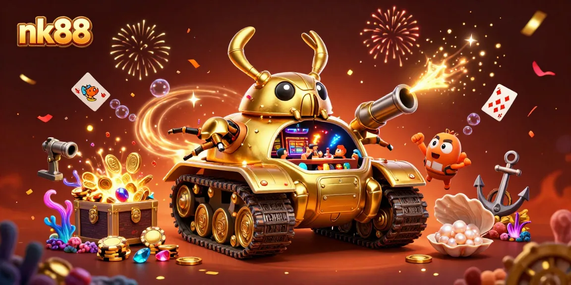 Experience the thrill of nk88 with a fantastical golden beetle casino tank filled with treasures and dynamic gaming elements.